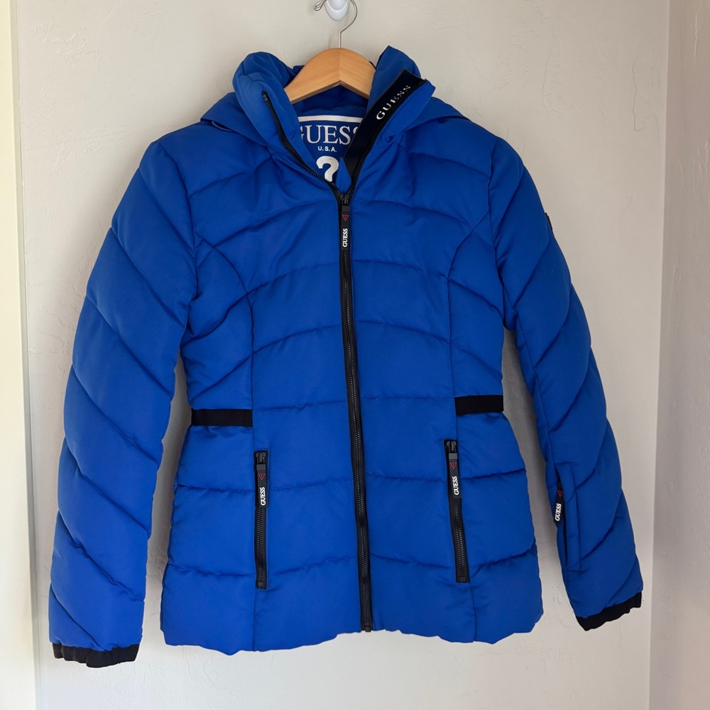 Guess Jackets Womens Navy Blue Puffer Winter Jacket with Hood Size Small‎